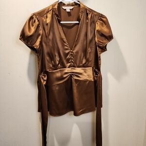 Jonathan Matin Bronze Satin Tie Back Short Sleeves Blouse size M
